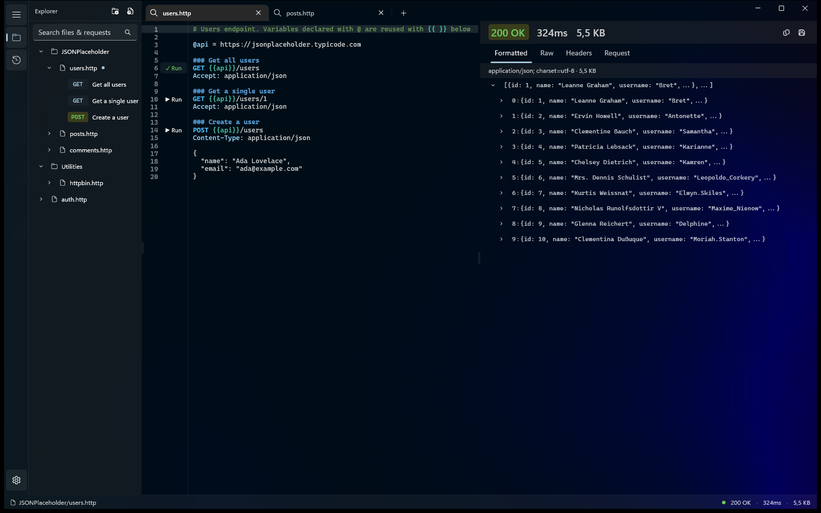 The Karve explorer showing virtual folders of .http files gathered from across the disk, with tabs open