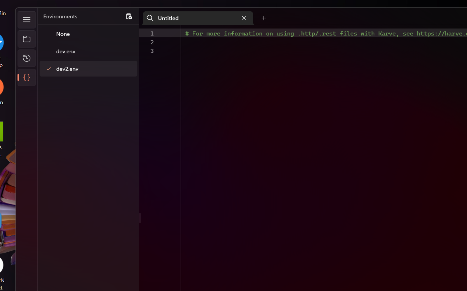 Karve's Environments panel with an active .env environment shown in the status bar