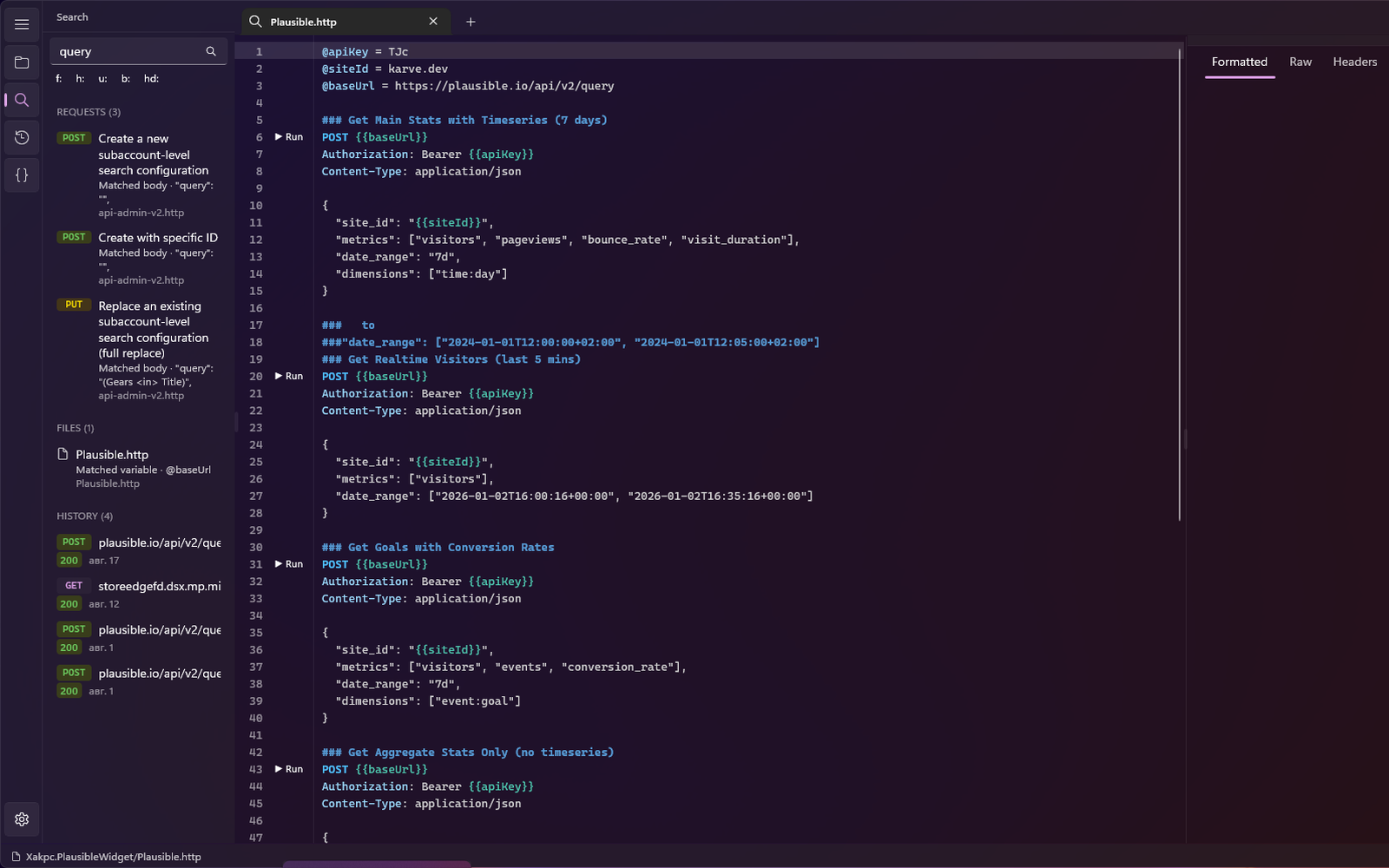 The Karve search panel showing grouped request, file, and history results with a caption on each row saying why it matched
